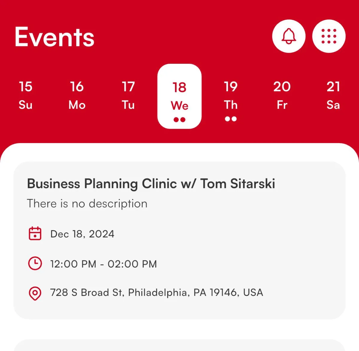 Events calendar interface showing scheduled activities