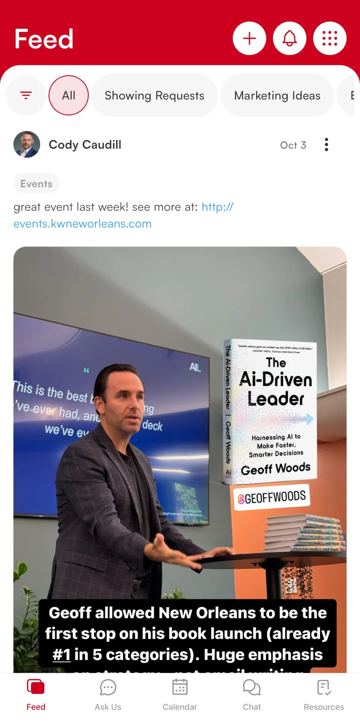 Company feed showing events and updates